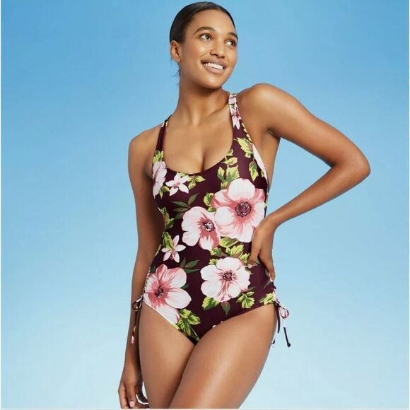 Women's Side-Cinch Classic One Piece Swimsuit Burgundy Floral Print- Kon… - Picture 1 of 2